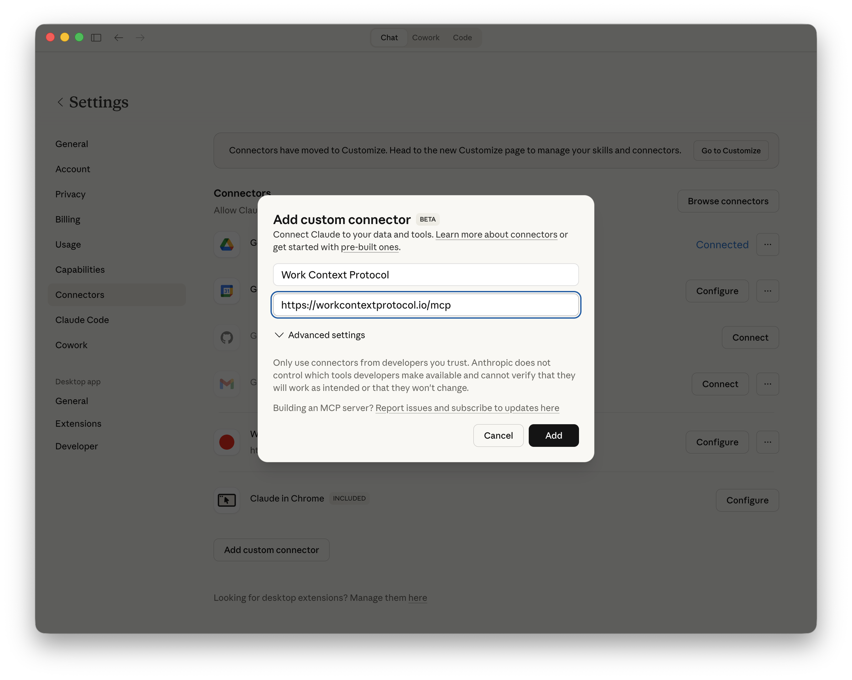 Add custom connector dialog filled in with Work Context Protocol and the MCP URL