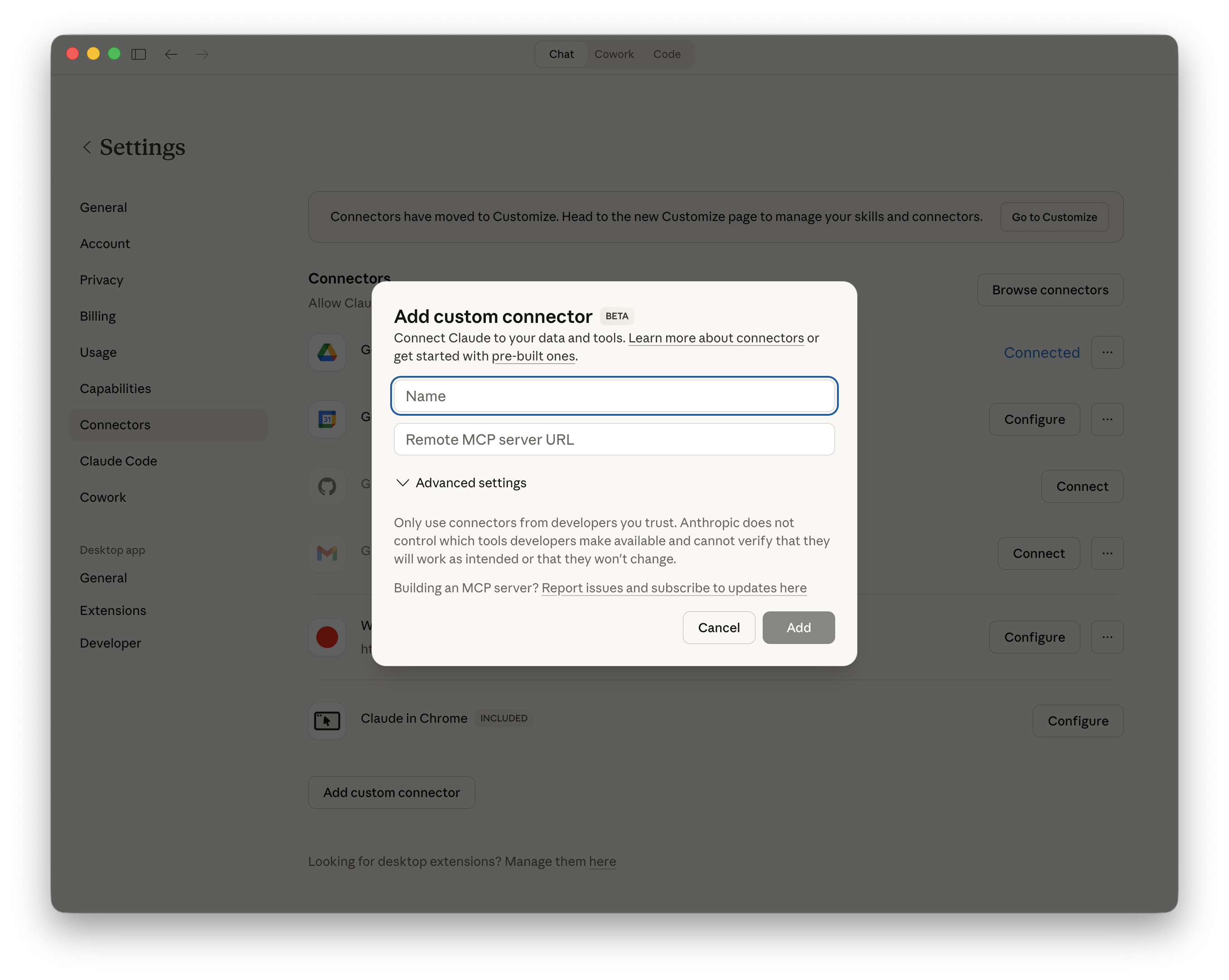 Add custom connector dialog with empty Name and Remote MCP server URL fields
