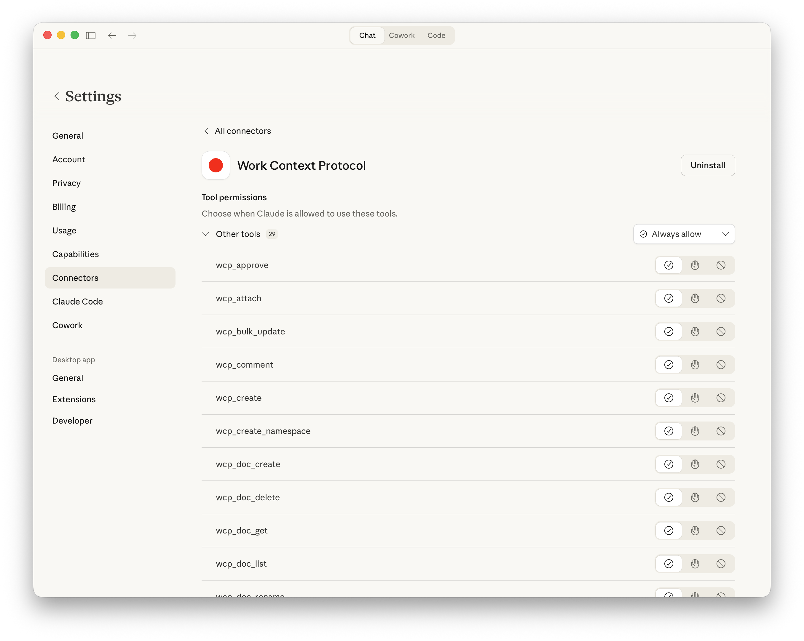 Work Context Protocol connector installed showing all WCP tools