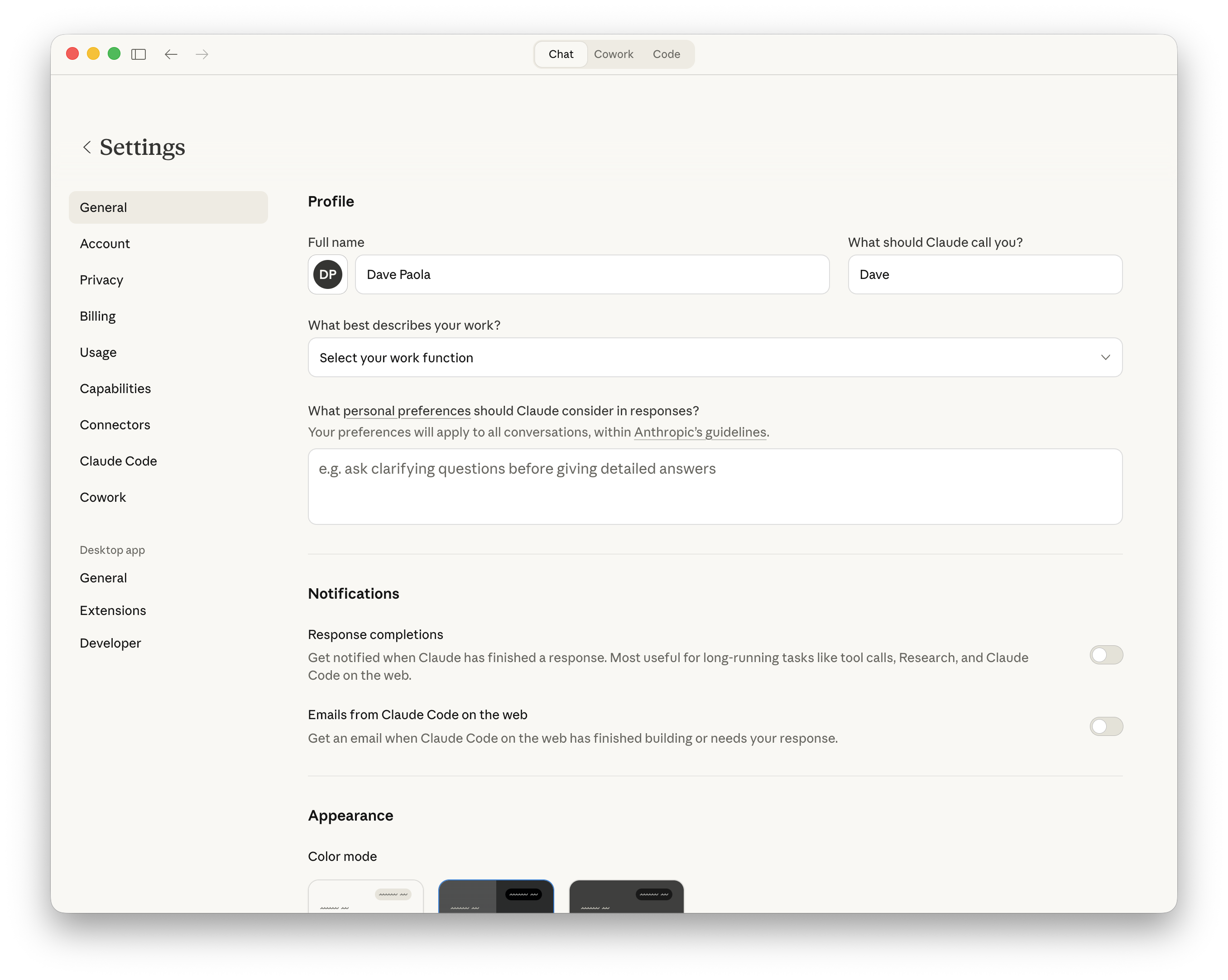 Claude Desktop Settings page with Connectors option in the sidebar