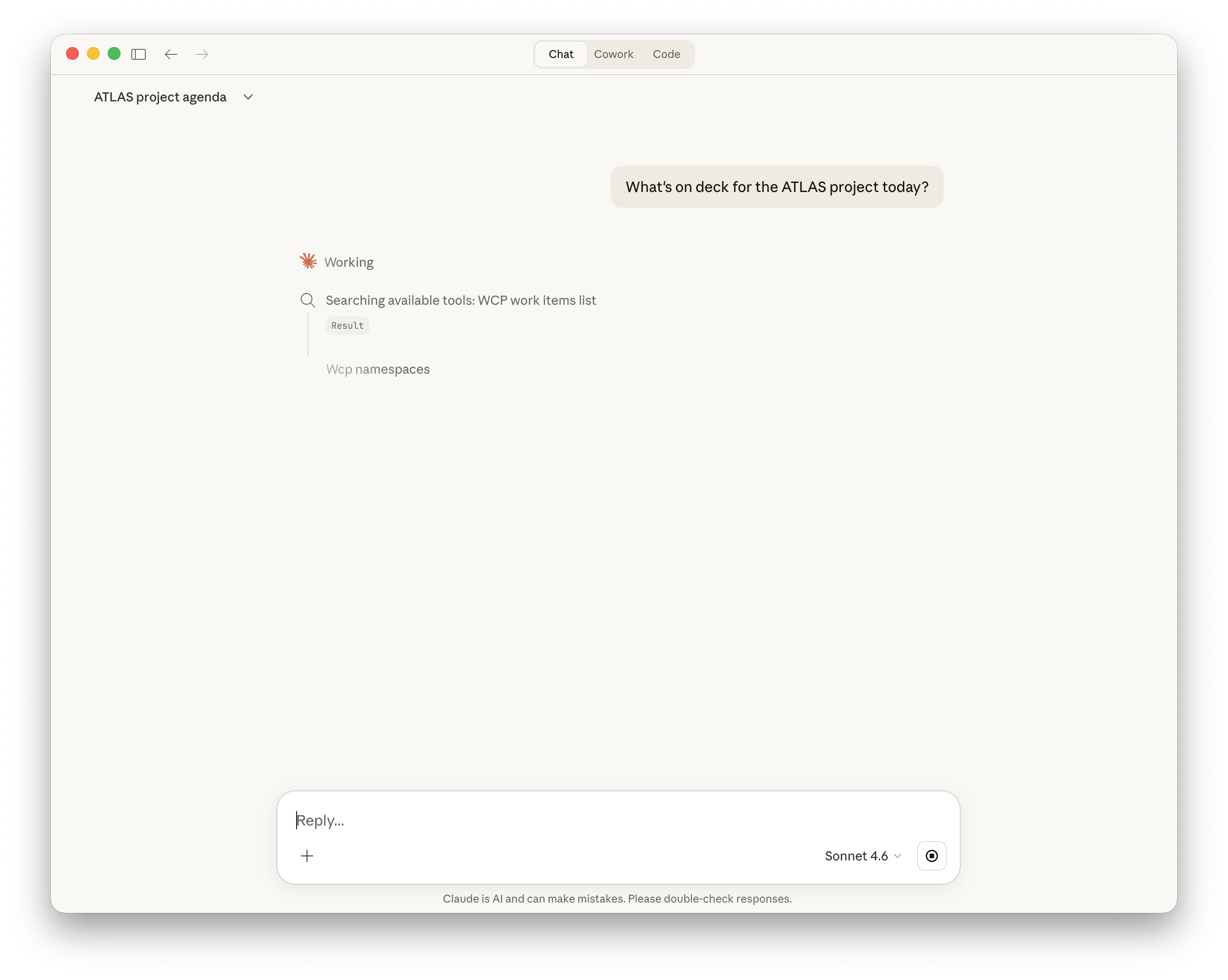 Claude Desktop searching available WCP tools