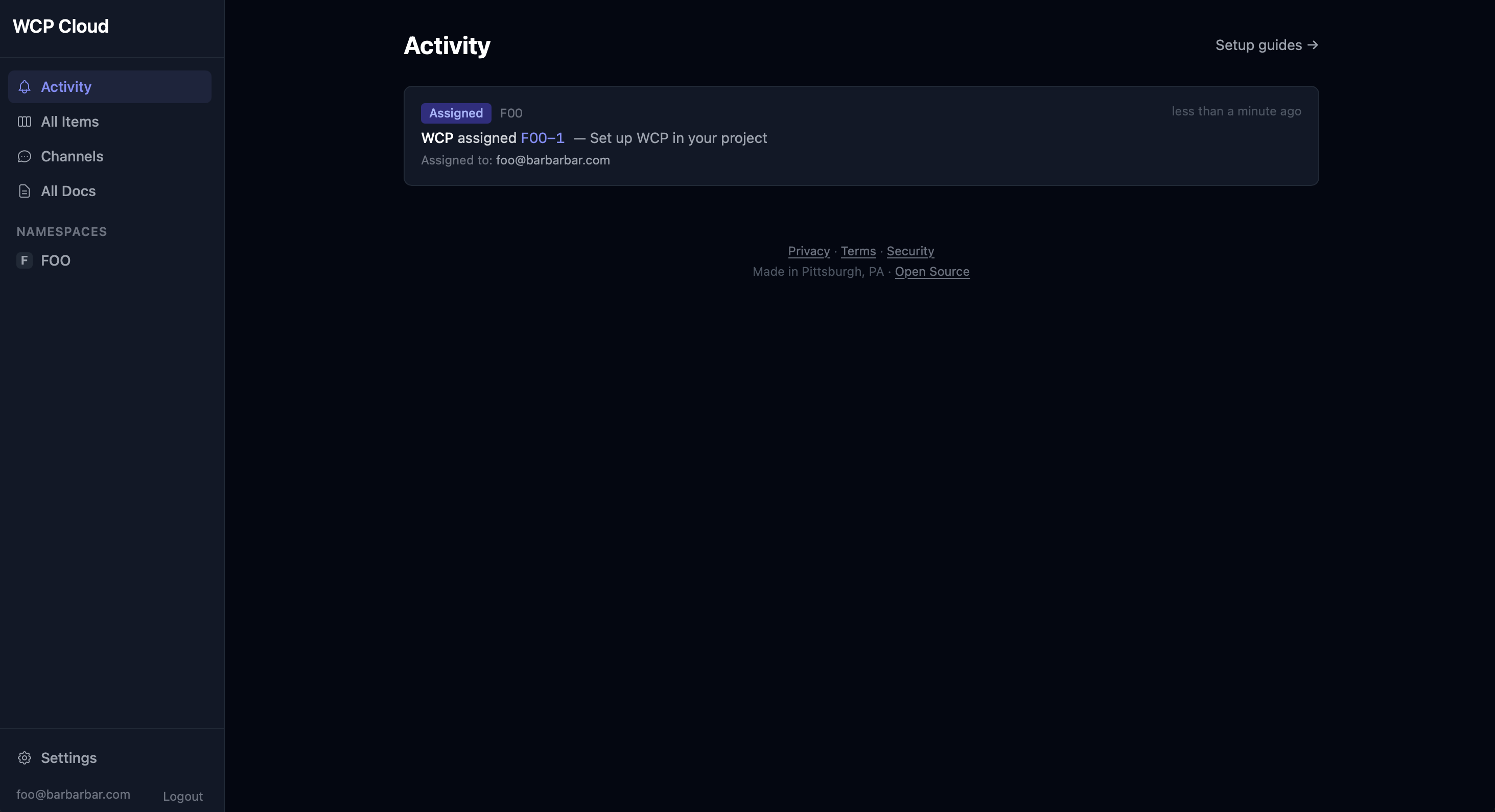 WCP Cloud dashboard showing Activity feed and namespace sidebar