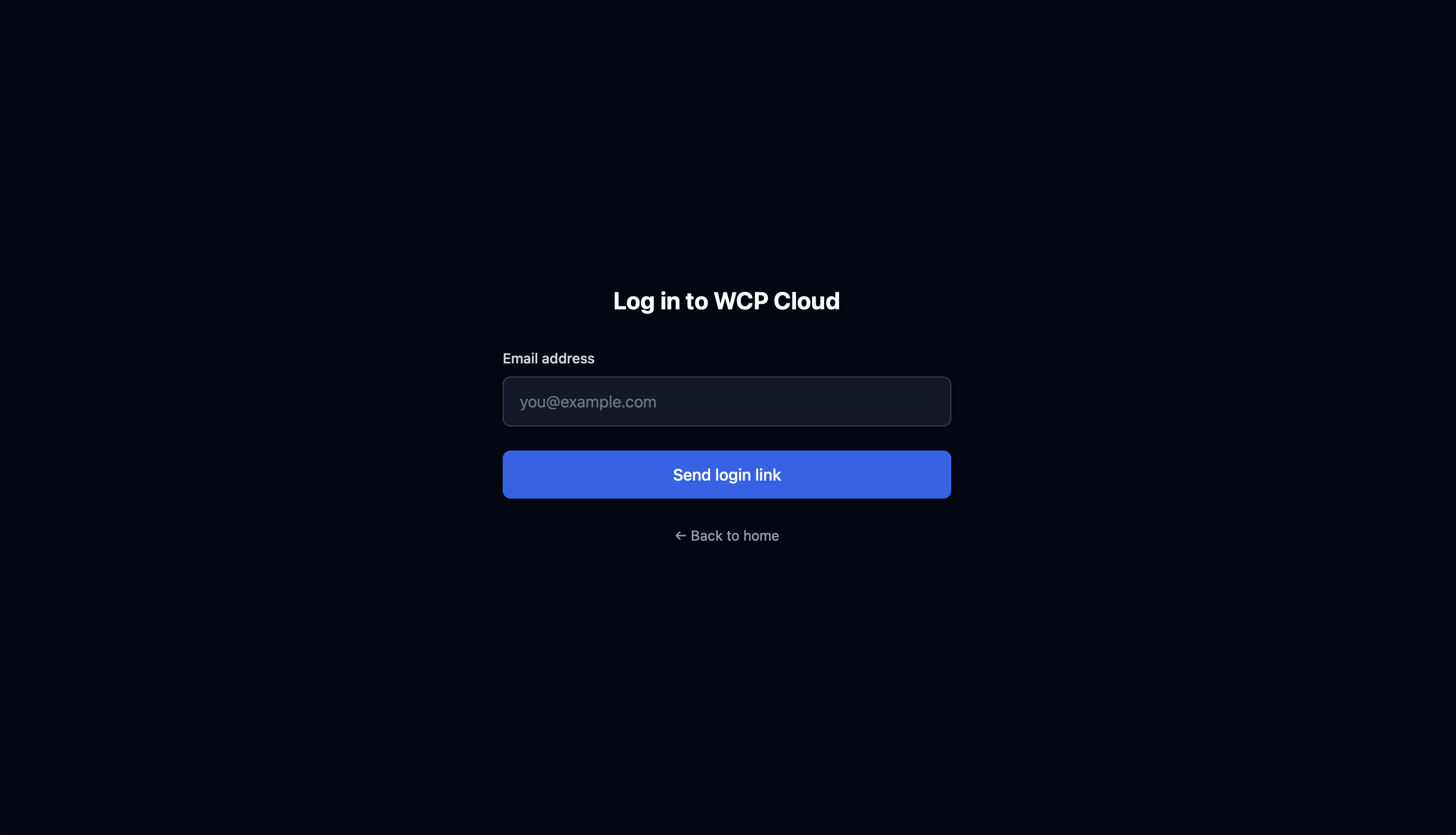 WCP Cloud login page with email field and Send login link button