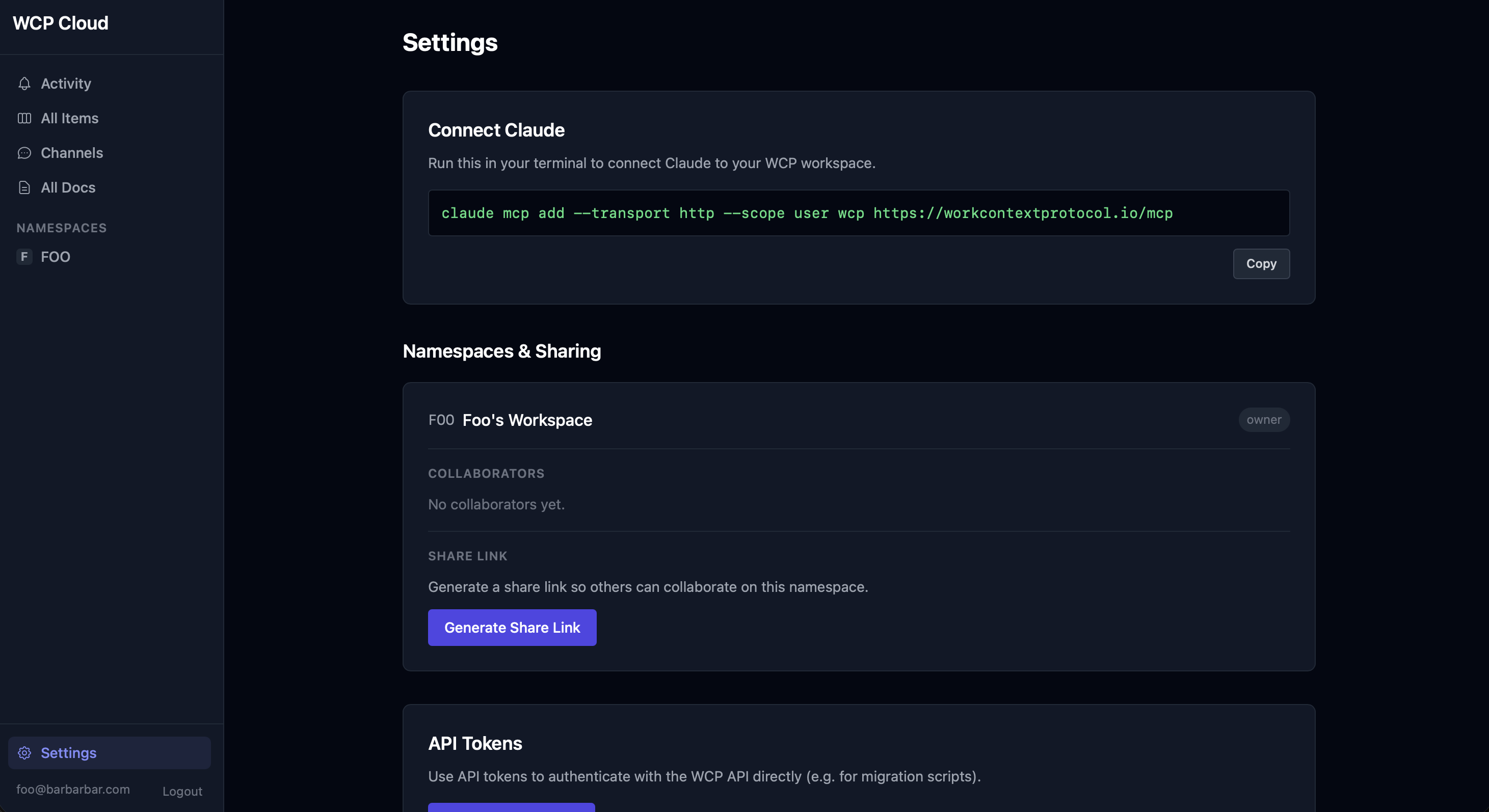 WCP Cloud settings page showing the MCP connection URL with Copy button